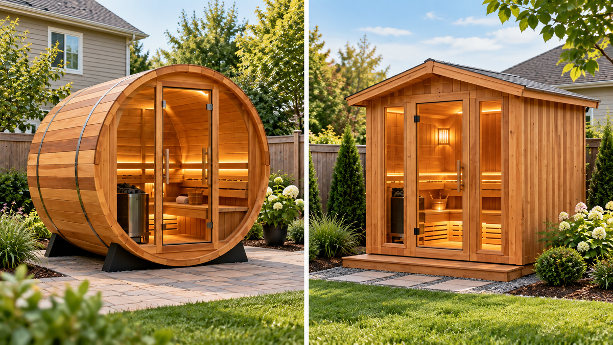 ALEKO barrel sauna and Almost Heaven cabin sauna shown side by side in residential backyards