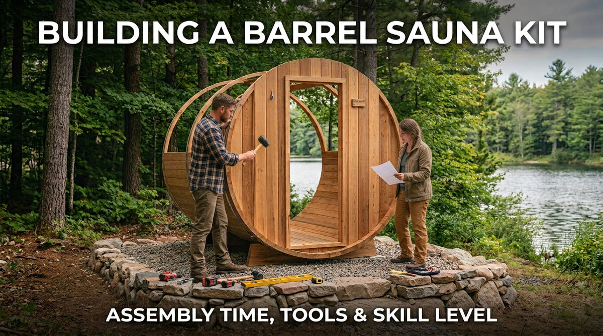 Two people assembling an outdoor barrel sauna kit on a gravel base with tools, showing DIY sauna construction and installation.
