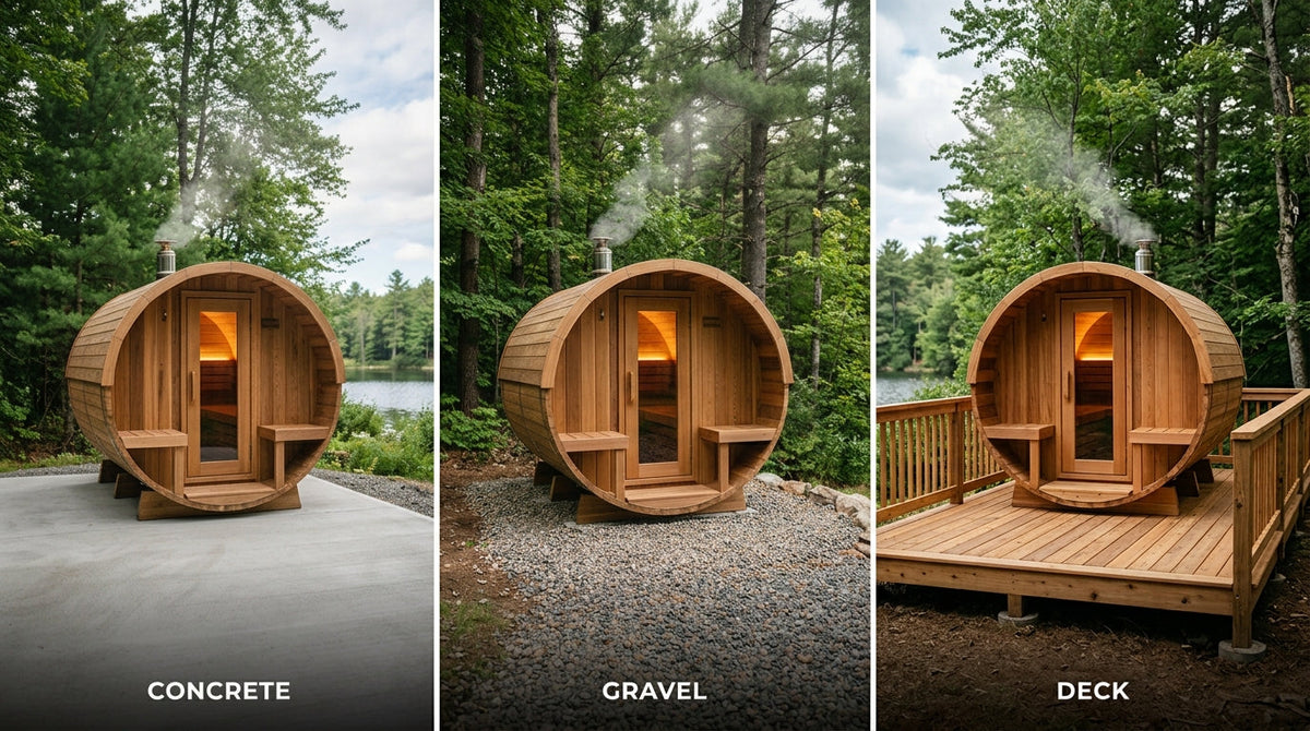 Outdoor barrel sauna shown on three foundation options: concrete slab, compacted gravel base, and wooden deck.