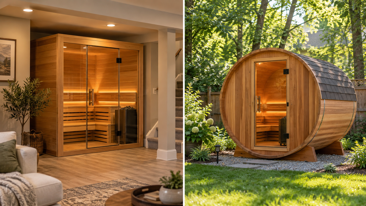 Indoor sauna in a finished basement beside an outdoor barrel sauna in a wooded backyard.