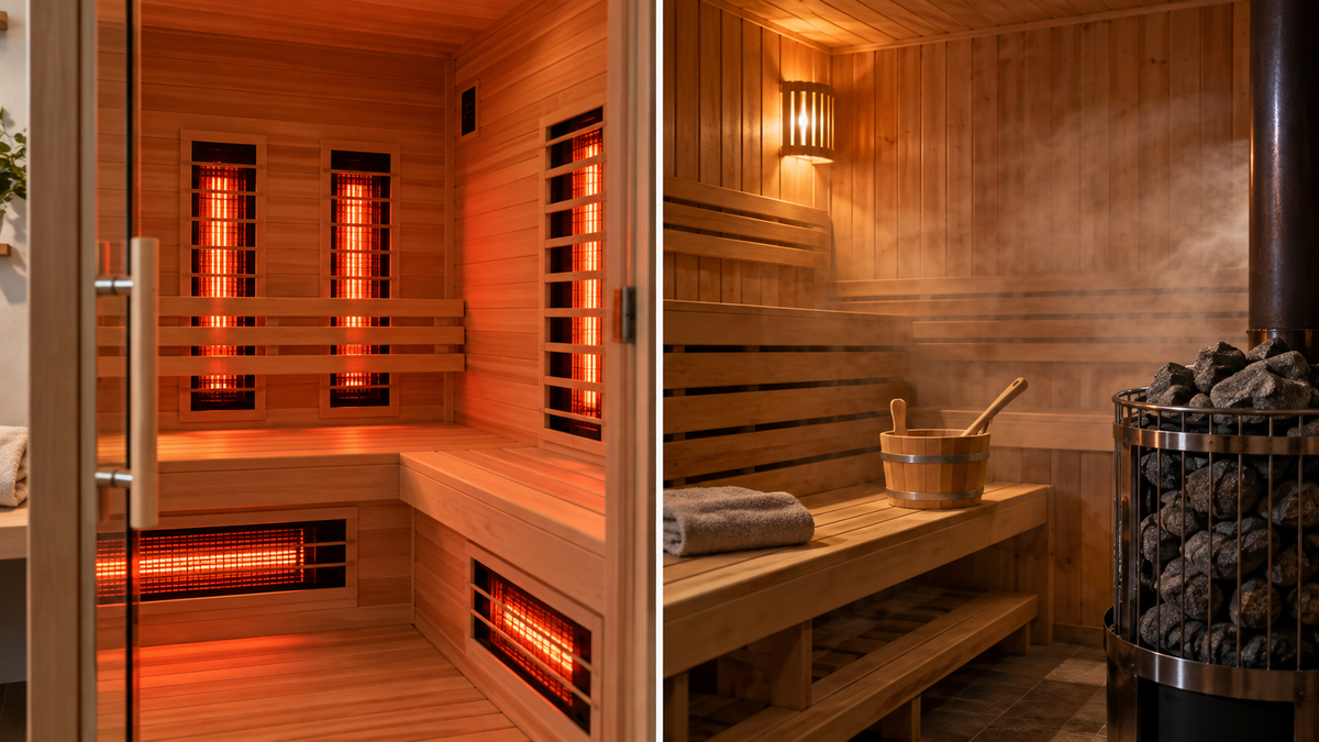 Side-by-side comparison of an infrared sauna interior with glowing wall panels and a traditional sauna interior with a rock heater, steam, and wooden bucket.