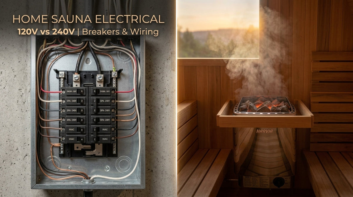 Residential electrical breaker panel beside a traditional home sauna heater with stones, illustrating 120V vs 240V sauna electrical requirements.