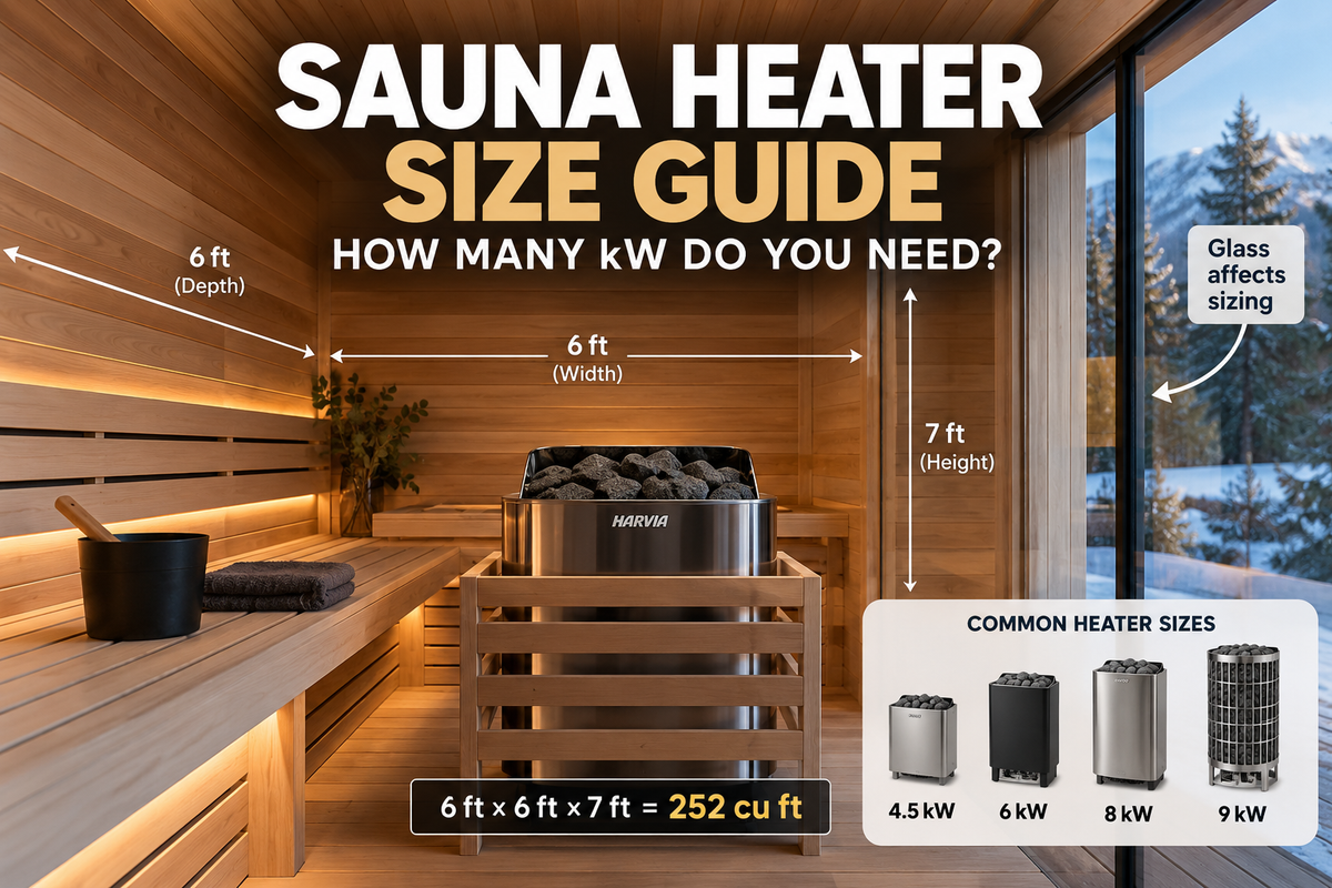 Sauna heater size guide showing a cedar sauna, electric stone heater, room dimensions, glass heat-loss note, and common 4.5 to 9 kW heater sizes.