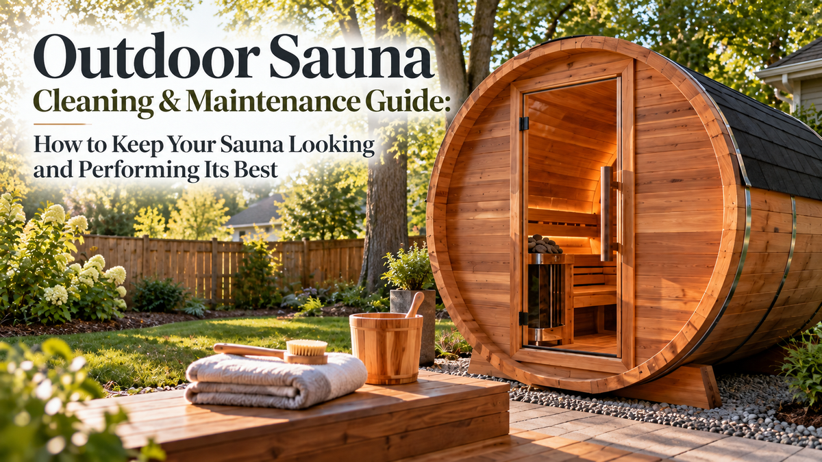 Outdoor cedar barrel sauna in a wooded backyard with cleaning brush, towels, bucket, and maintenance accessories arranged nearby.