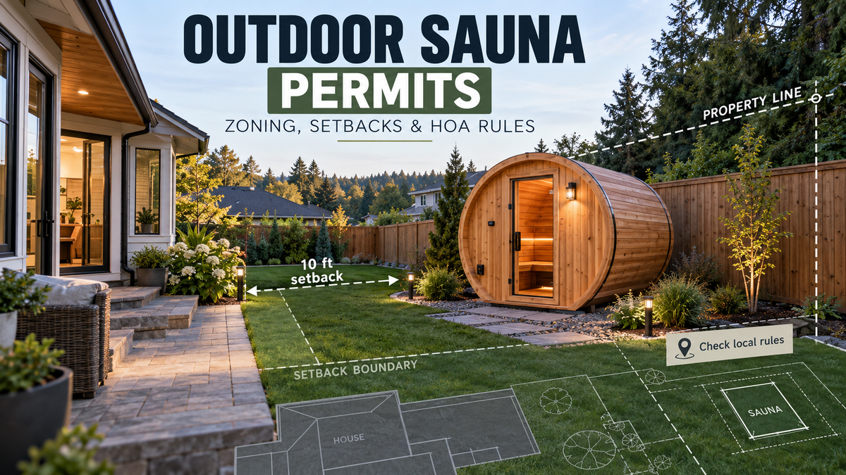 Outdoor barrel sauna in a residential backyard with property line and setback overlays illustrating zoning, permit, and HOA planning considerations.