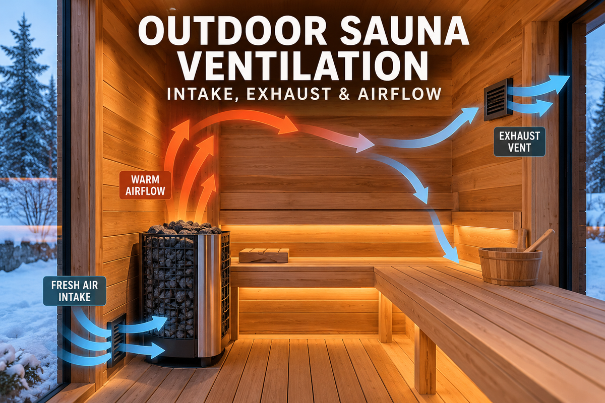 Outdoor sauna ventilation diagram showing fresh air intake, warm airflow rising from the heater, and exhaust air leaving through the opposite vent.