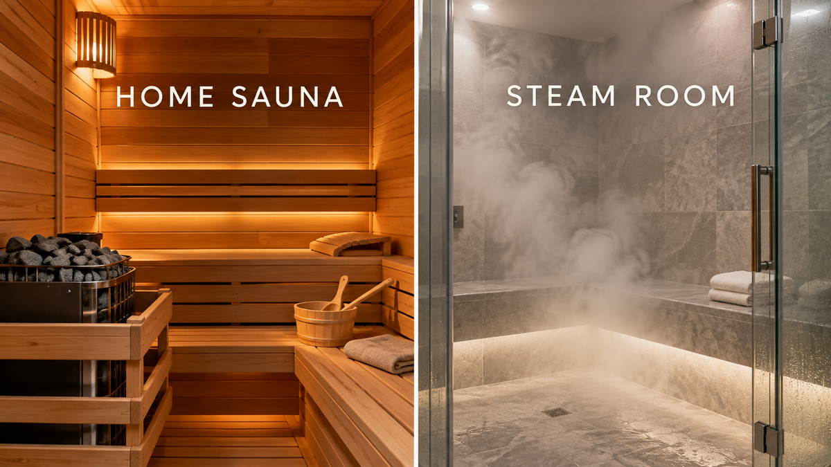 Home sauna with warm cedar wood and stone heater shown beside a modern tiled steam room filled with visible steam.