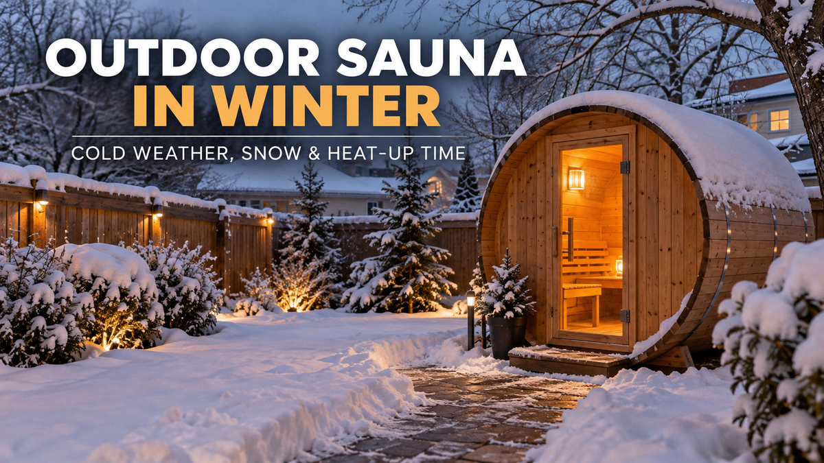 Outdoor barrel sauna glowing warmly in a snow-covered backyard with a cleared path, illustrating cold-weather sauna use in winter.
