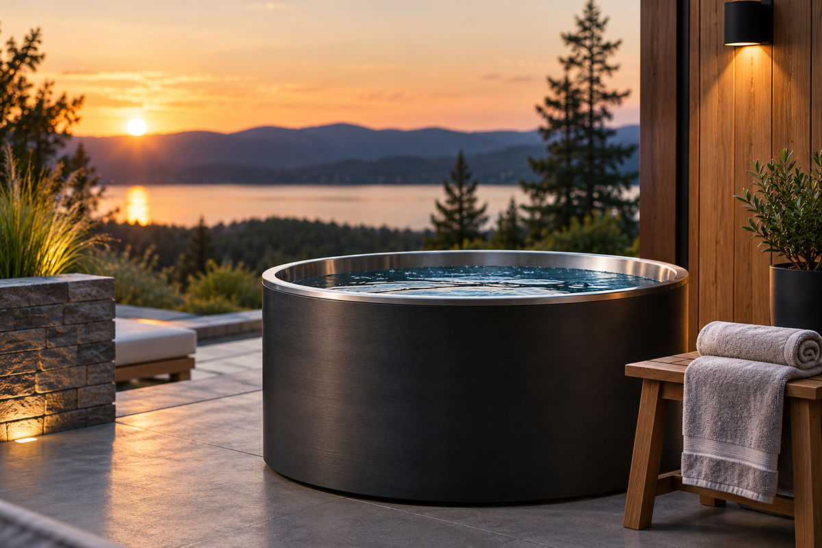 Modern outdoor cold plunge tub on a luxury lakeside wellness patio at sunset