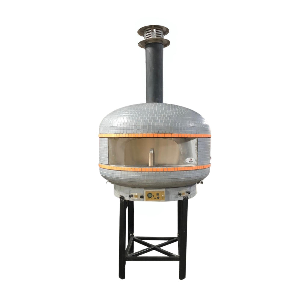 WPPO Lava 40-inch digital wood-fired pizza oven with convection fan and black stand on a white background