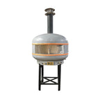 WPPO Lava 40-inch digital wood-fired pizza oven with convection fan and black stand on a white background