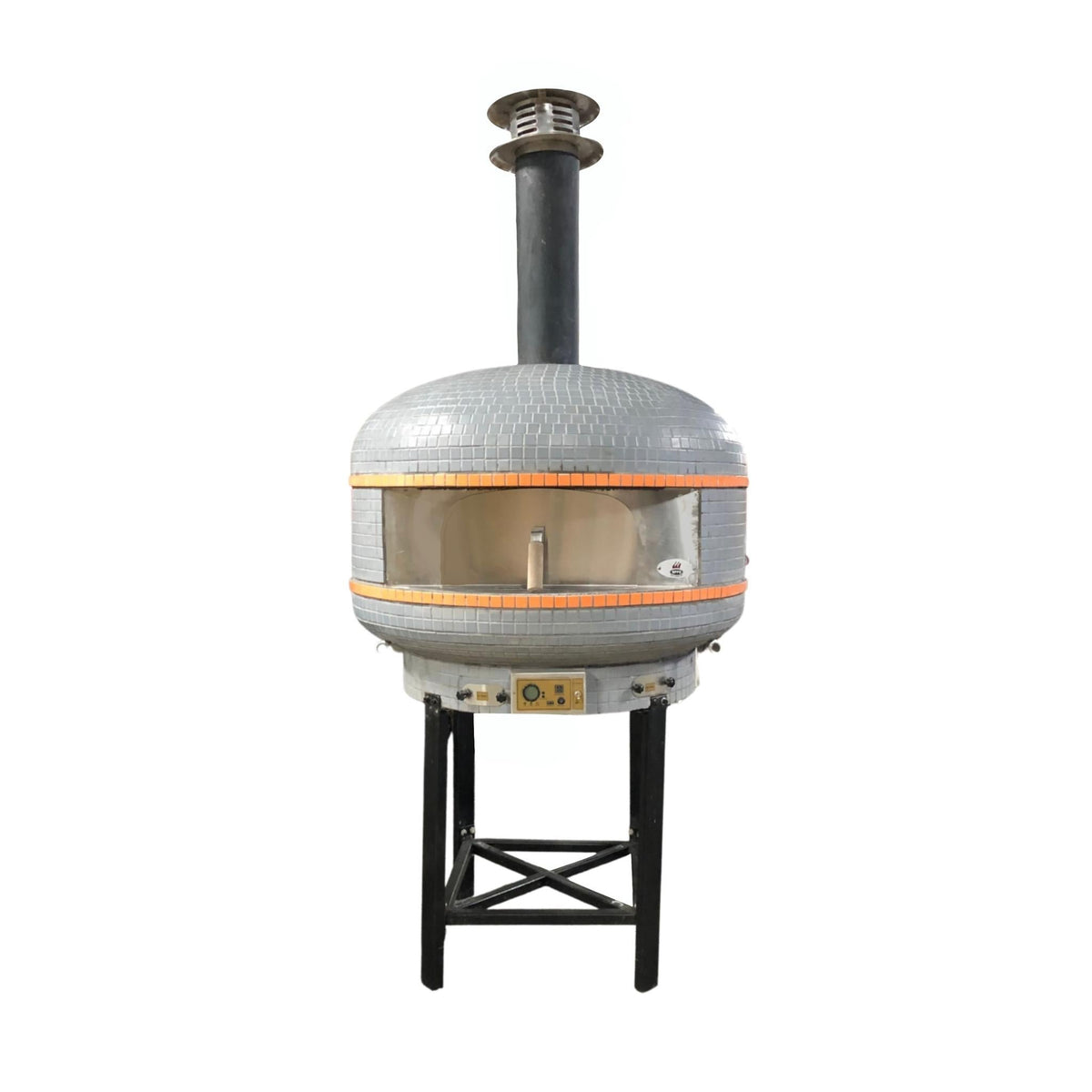 WPPO Lava 40-inch digital wood-fired pizza oven with convection fan and black stand on a white background
