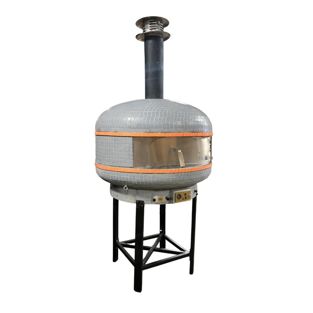 WPPO Lava 40-inch digital wood-fired pizza oven with convection fan and black stand on a white background