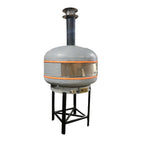 WPPO Lava 40-inch digital wood-fired pizza oven with convection fan and black stand on a white background