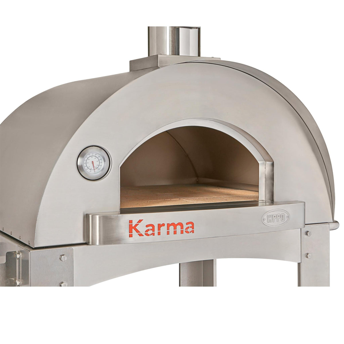 WPPO Karma 32-inch wood-fired pizza oven with open cooking chamber and built-in temperature gauge