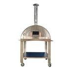 WPPO Karma 42-inch wood-fired pizza oven on a mobile stainless steel cart with lower storage shelf