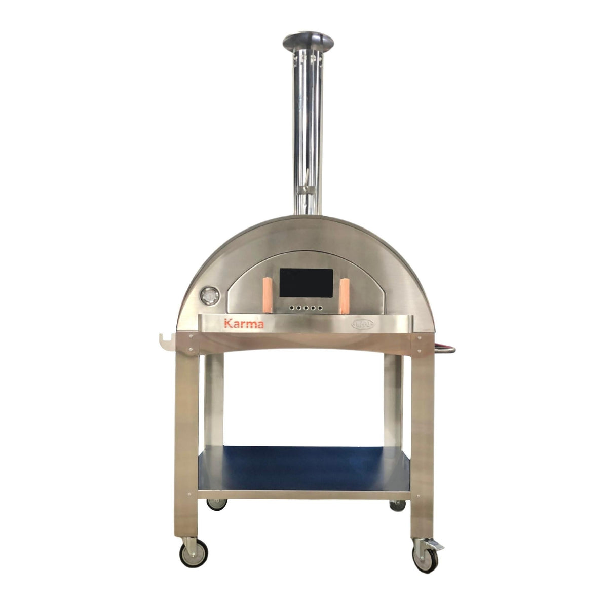 WPPO Karma 42-inch wood-fired pizza oven on a mobile stainless steel cart with lower storage shelf