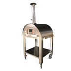 WPPO Karma 42-inch wood-fired pizza oven on a stainless steel mobile cart with chimney and lower storage shelf