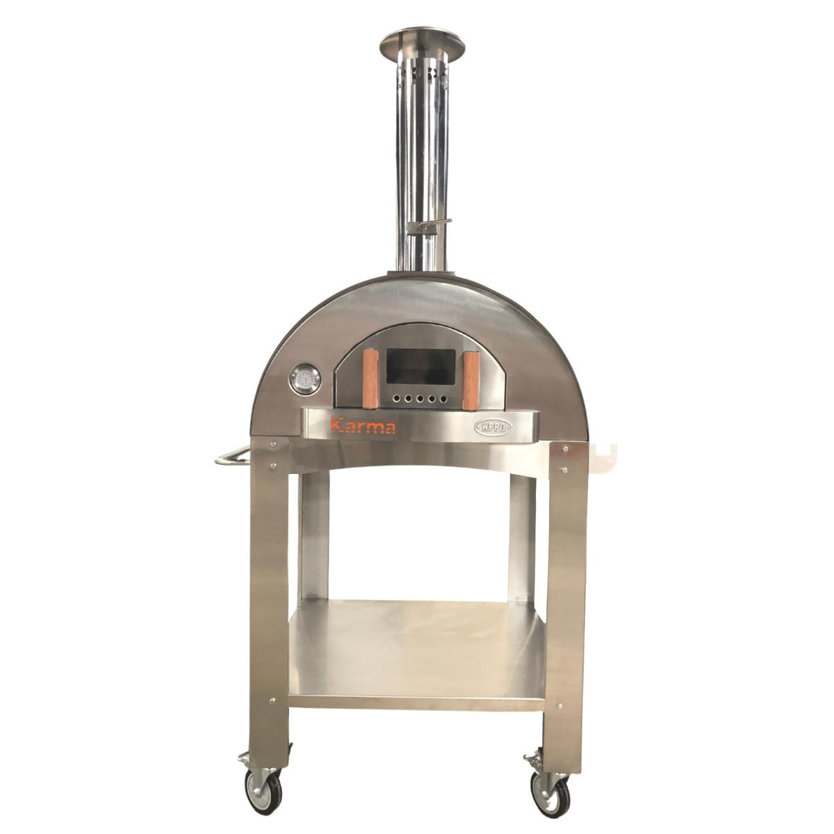 WPPO Karma 32-inch wood-fired pizza oven on a stainless steel mobile cart with chimney and lower storage shelf