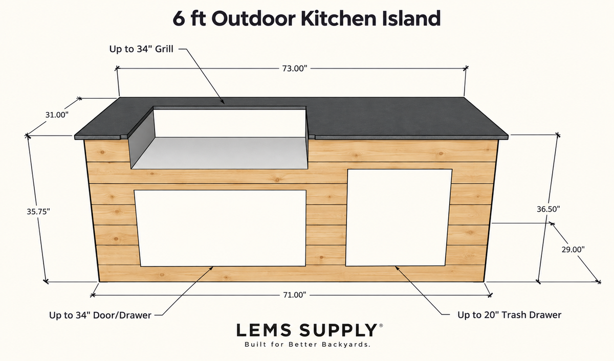 Firefly 6 ft kitchen island dimension diagram showing a 71 × 29 × 35.75-inch base and openings for a grill, door/drawer combination, and trash drawer.