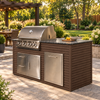 Firefly 6 ft outdoor kitchen island in Espresso 4+4 cladding, shown with a stainless steel grill on a landscaped patio beside a pergola dining area.