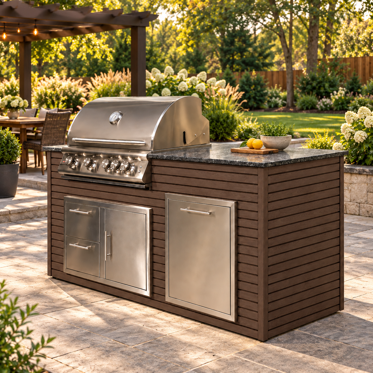 Firefly 6 ft outdoor kitchen island in Espresso 4+4 cladding, shown with a stainless steel grill on a landscaped patio beside a pergola dining area.