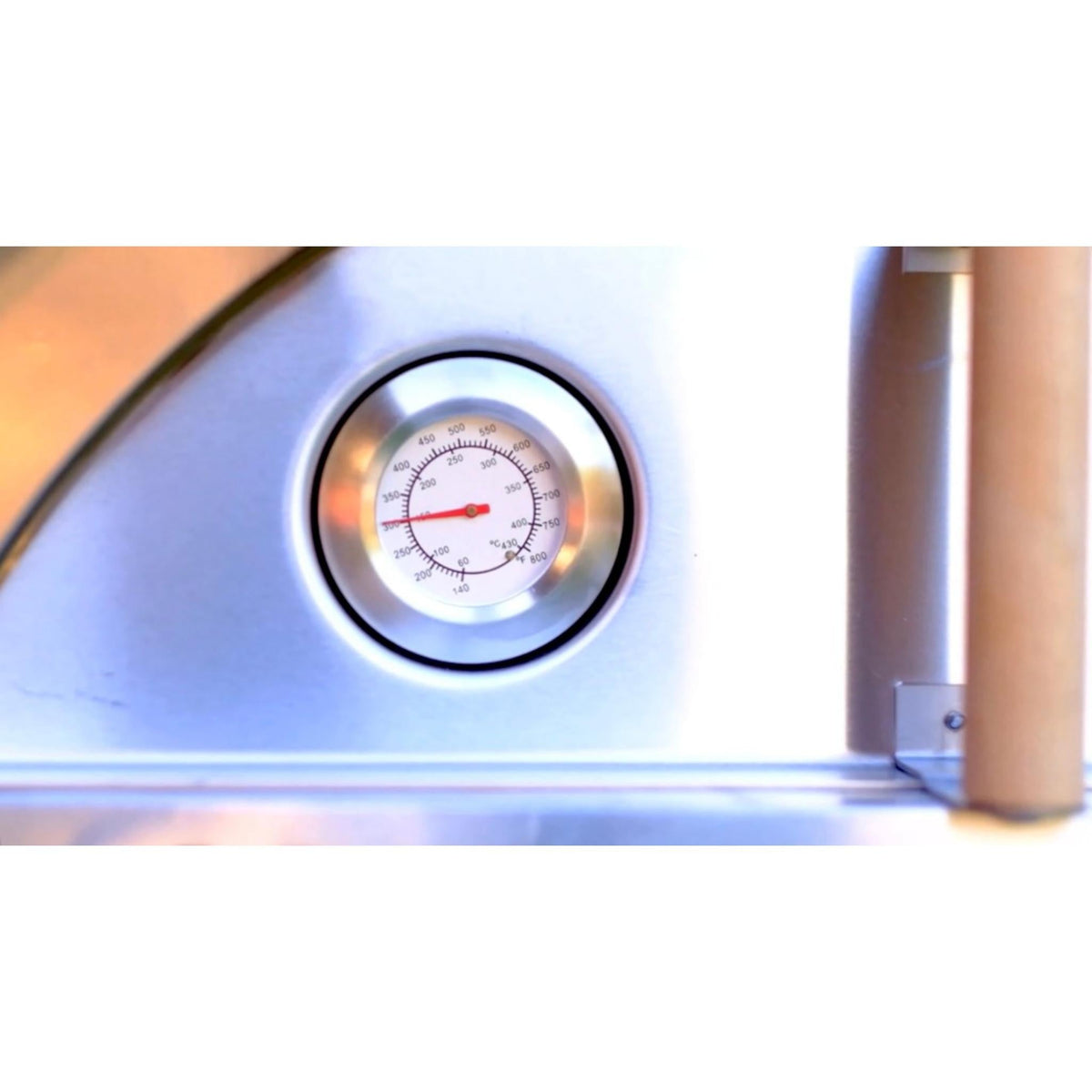 WPPO Karma 32-inch wood-fired pizza oven built-in temperature gauge close-up