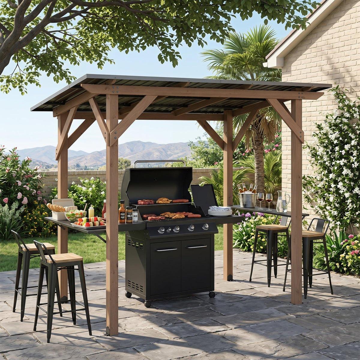 Cedar wood grill gazebo with metal roof, built-in serving shelves, and gas grill on a backyard patio