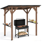 8.6' x 5' cedar wood grill gazebo with metal roof, serving shelves, and outdoor grill on a white background