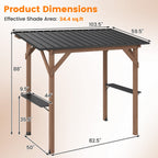 8.6' x 5' cedar wood grill gazebo dimensions showing 34.4 sq. ft. covered area, 88-inch height, and built-in serving shelves