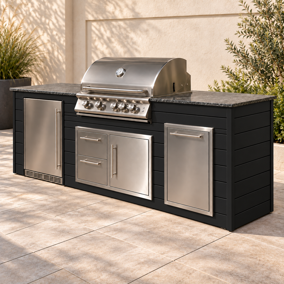 Firefly 8 ft outdoor kitchen island in Black 140 aluminum cladding, shown with a stainless steel grill, refrigerator, doors, drawers, and dark countertop on a patio.
