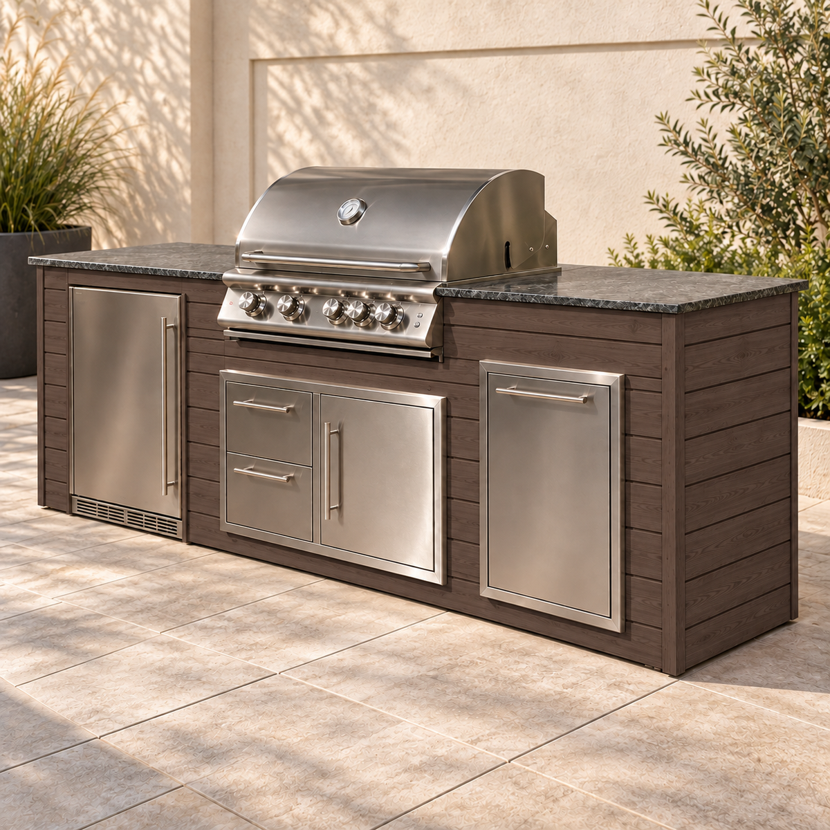 Firefly 8 ft outdoor kitchen island in Espresso 140 aluminum cladding, shown with a stainless steel grill, refrigerator, doors, drawers, and dark countertop on a patio.