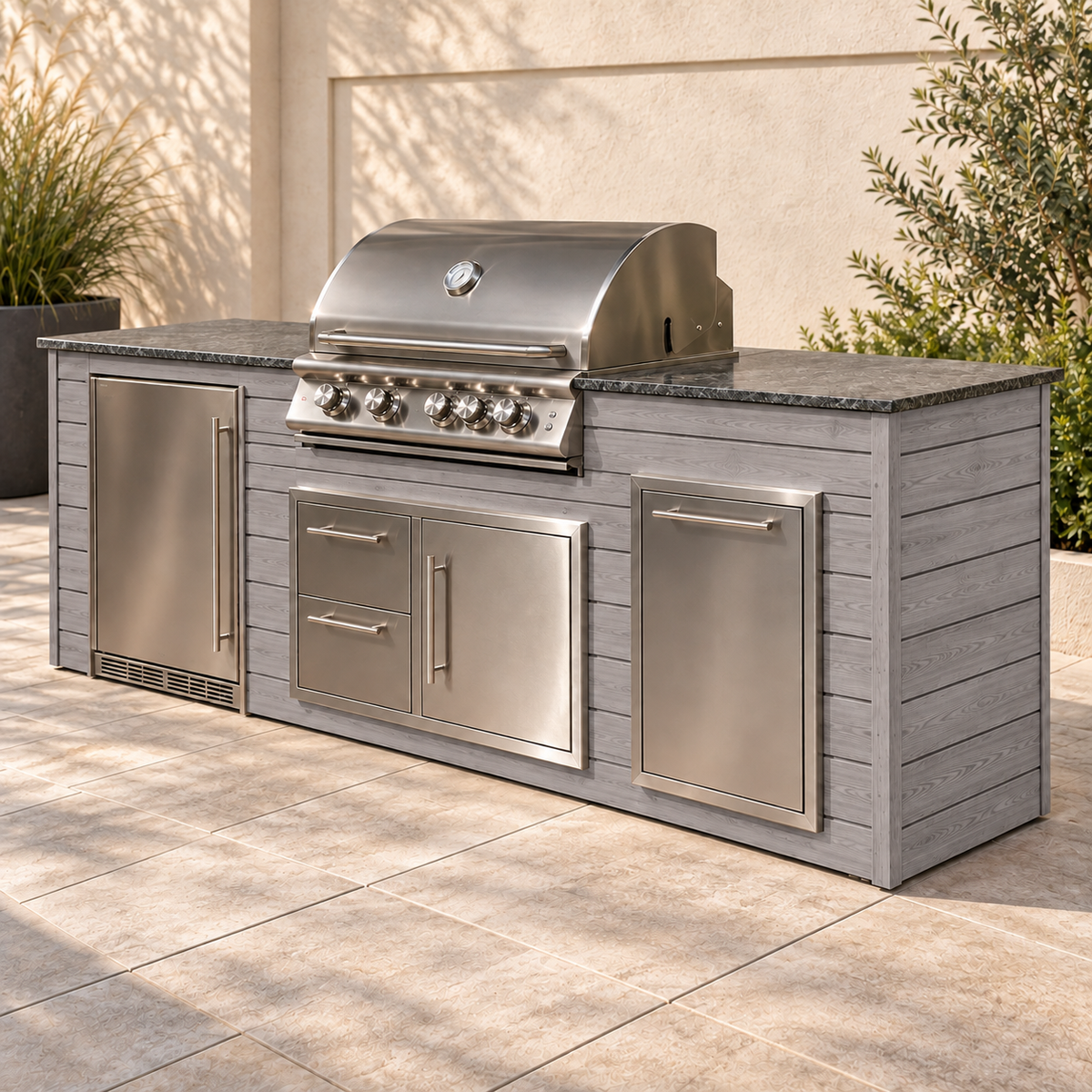 Firefly 8 ft outdoor kitchen island in Grey 140 aluminum cladding, shown with a stainless steel grill, refrigerator, doors, drawers, and dark countertop on a patio.