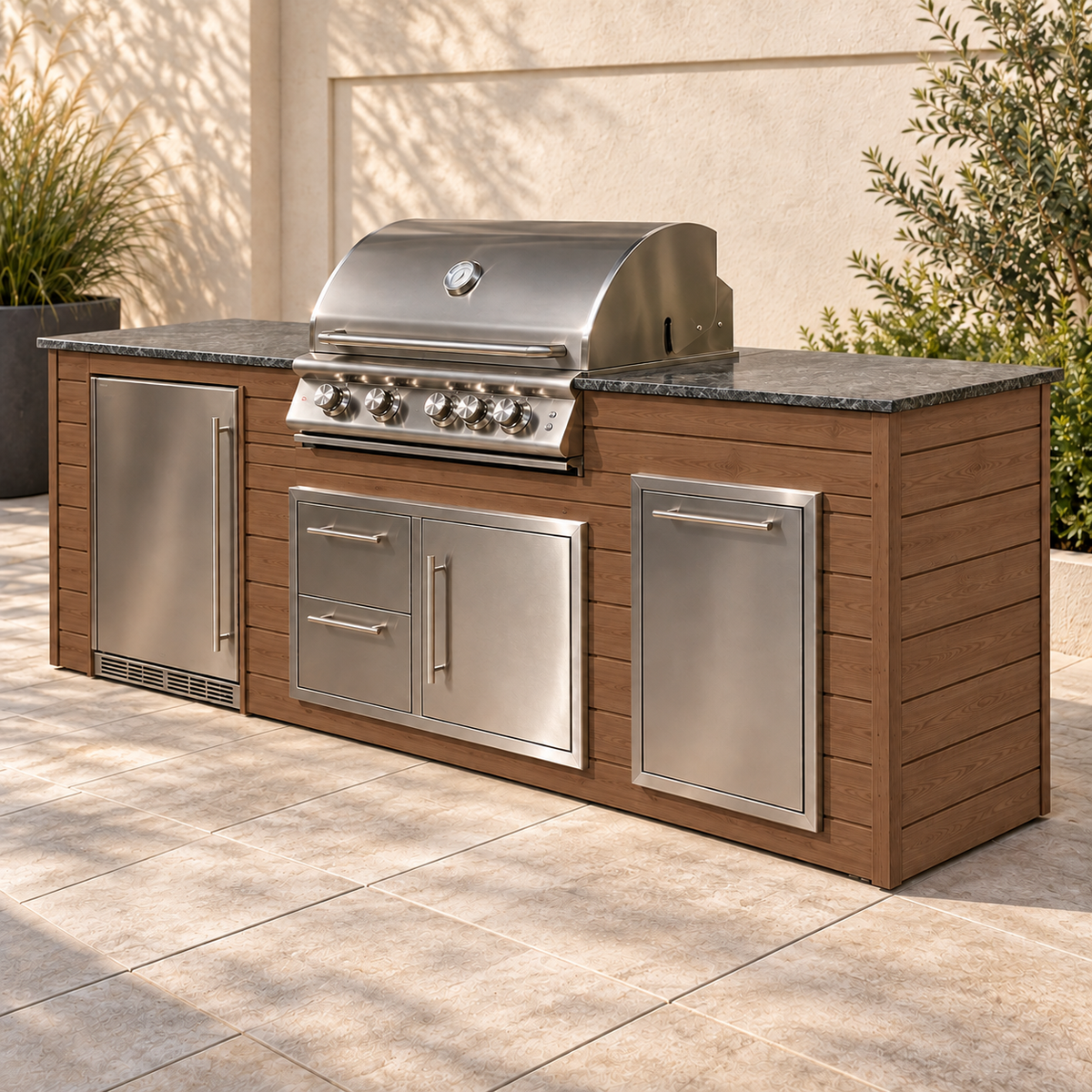 Firefly 8 ft outdoor kitchen island in Oak 140 aluminum cladding, shown with a stainless steel grill, refrigerator, doors, drawers, and dark countertop on a patio.
