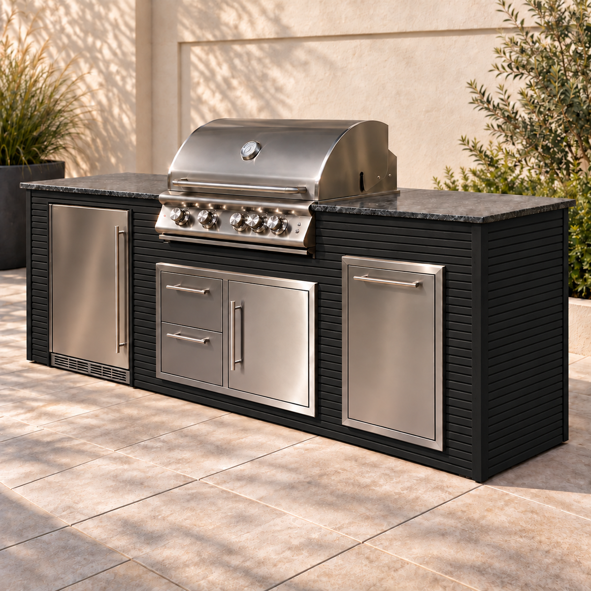 Firefly 8 ft outdoor kitchen island in Black 2+2 aluminum cladding, shown with a stainless steel grill, refrigerator, doors, drawers, and dark countertop on a patio.