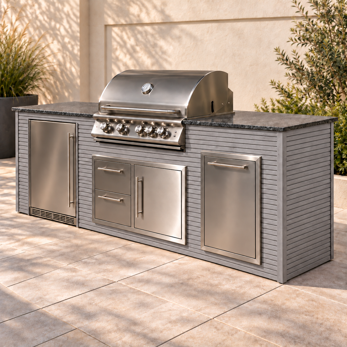 Firefly 8 ft outdoor kitchen island in Grey 2+2 aluminum cladding, shown with a stainless steel grill, refrigerator, doors, drawers, and dark countertop on a patio.
