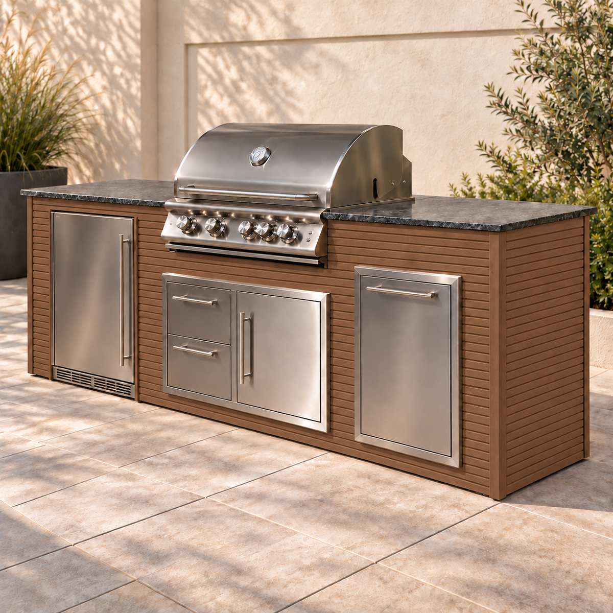 Firefly 8 ft outdoor kitchen island in Oak 2+2 aluminum cladding, shown with a stainless steel grill, refrigerator, doors, drawers, and dark countertop on a patio.
