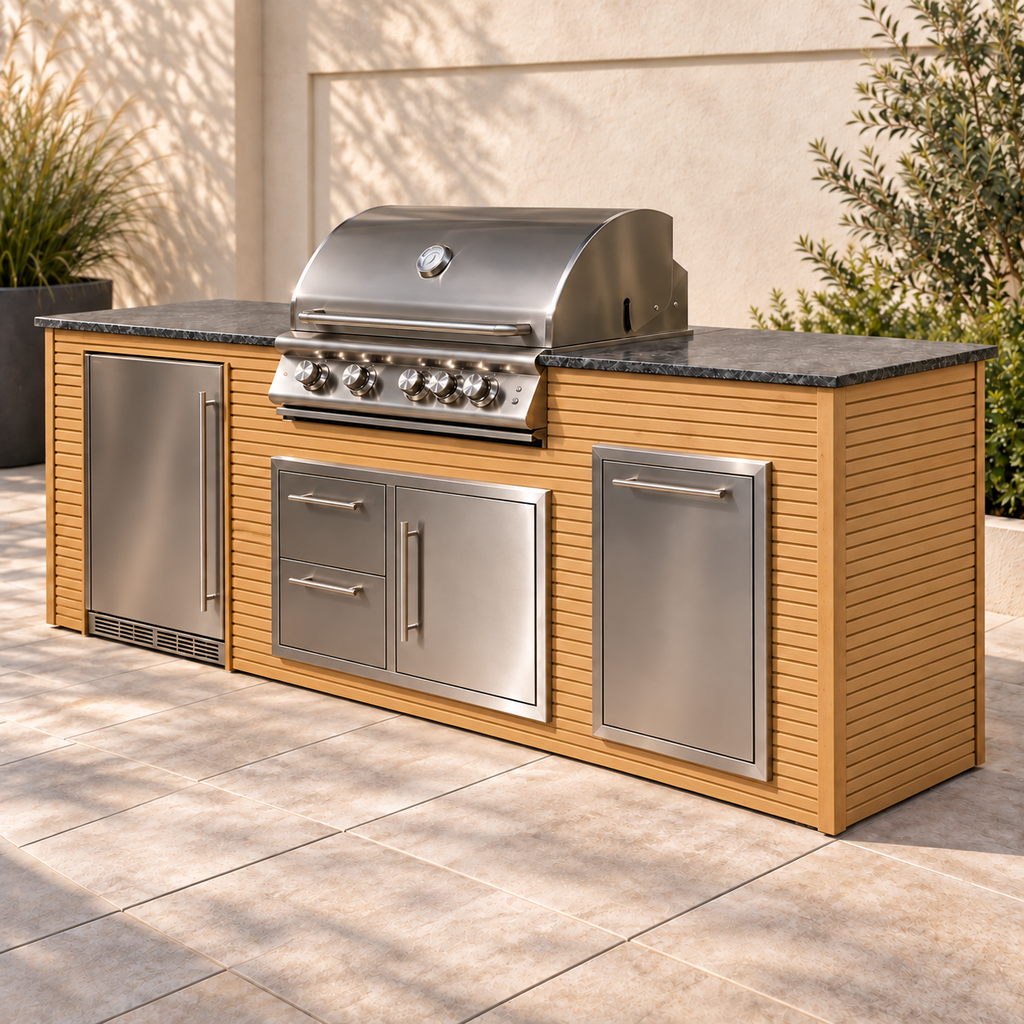 Firefly 8 ft outdoor kitchen island in Pine 2+2 aluminum cladding, shown with a stainless steel grill, refrigerator, doors, drawers, and dark countertop on a patio.