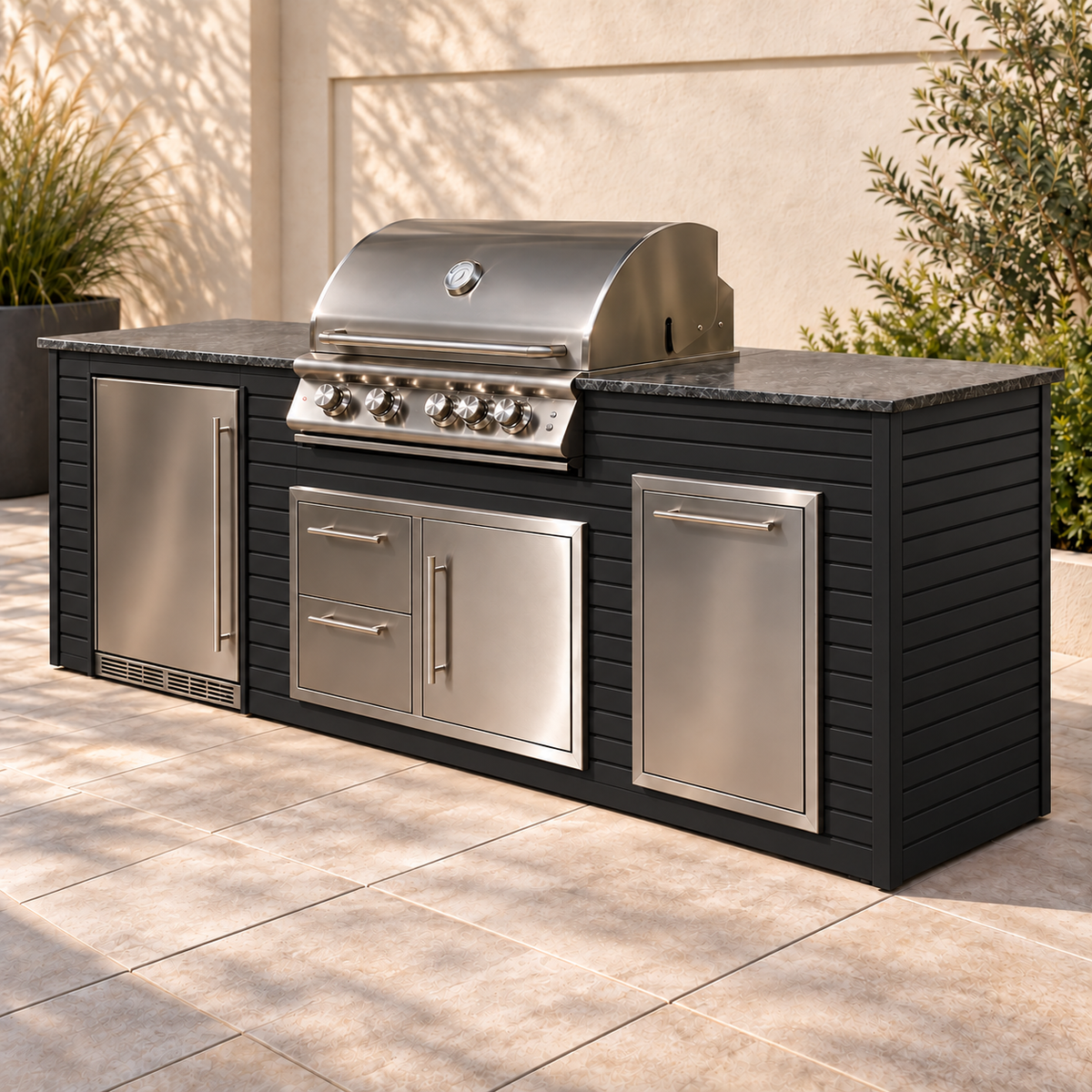 Firefly 8 ft outdoor kitchen island in Black 4+4 aluminum cladding, shown with a stainless steel grill, refrigerator, doors, drawers, and dark countertop on a patio.