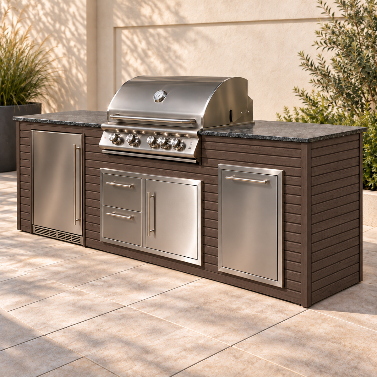 Firefly 8 ft outdoor kitchen island in Espresso 4+4 aluminum cladding, shown with a stainless steel grill, refrigerator, doors, drawers, and dark countertop on a patio.