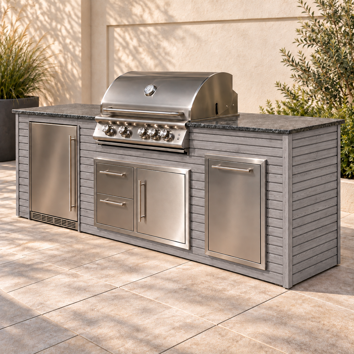 Firefly 8 ft outdoor kitchen island in Grey 4+4 aluminum cladding, shown with a stainless steel grill, refrigerator, doors, drawers, and dark countertop on a patio.