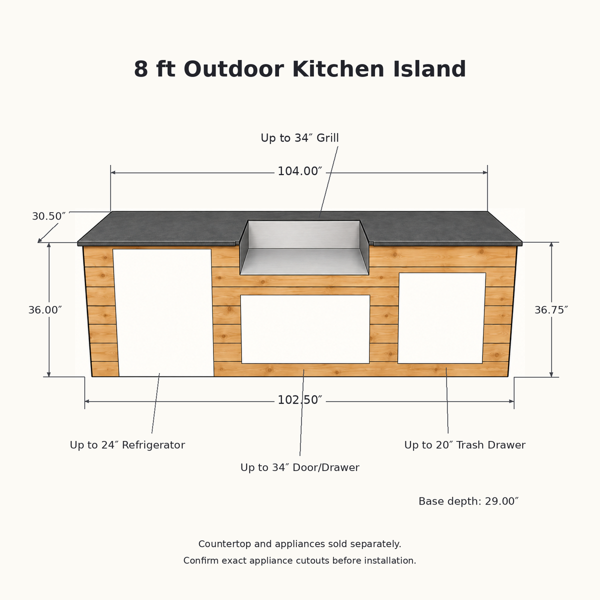 Firefly 8 ft kitchen island dimension diagram showing a 102.5 × 29 × 36-inch base and openings for a grill, refrigerator, door/drawer combination, and trash drawer.