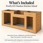 Firefly 8 ft island inclusion graphic showing the aluminum frame and Pine cladding; assembly hardware included, with grill, refrigerator, countertop, doors, and drawers sold separately.
