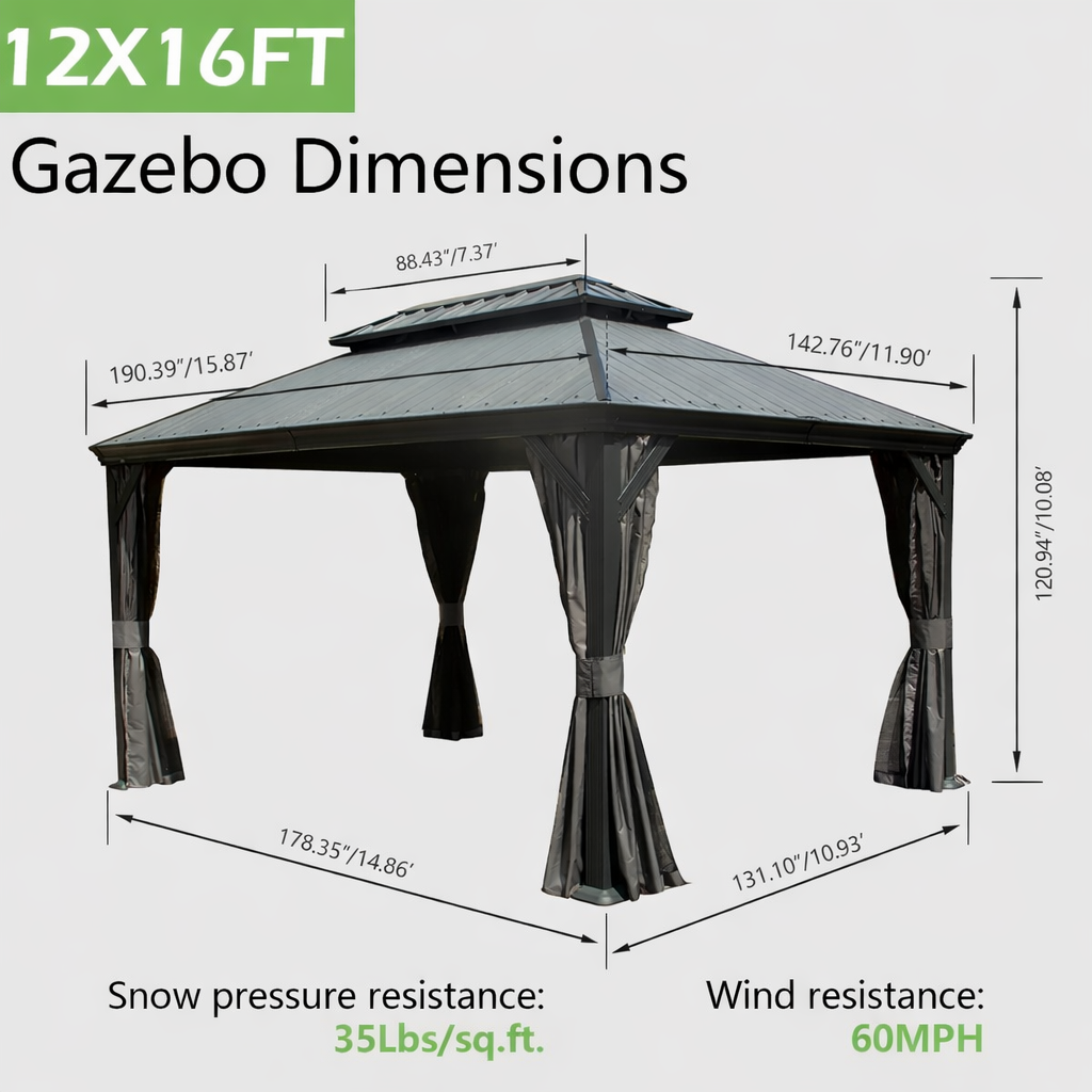 12' x 16' Hardtop Gazebo with Double Roof & Drainage Gutters