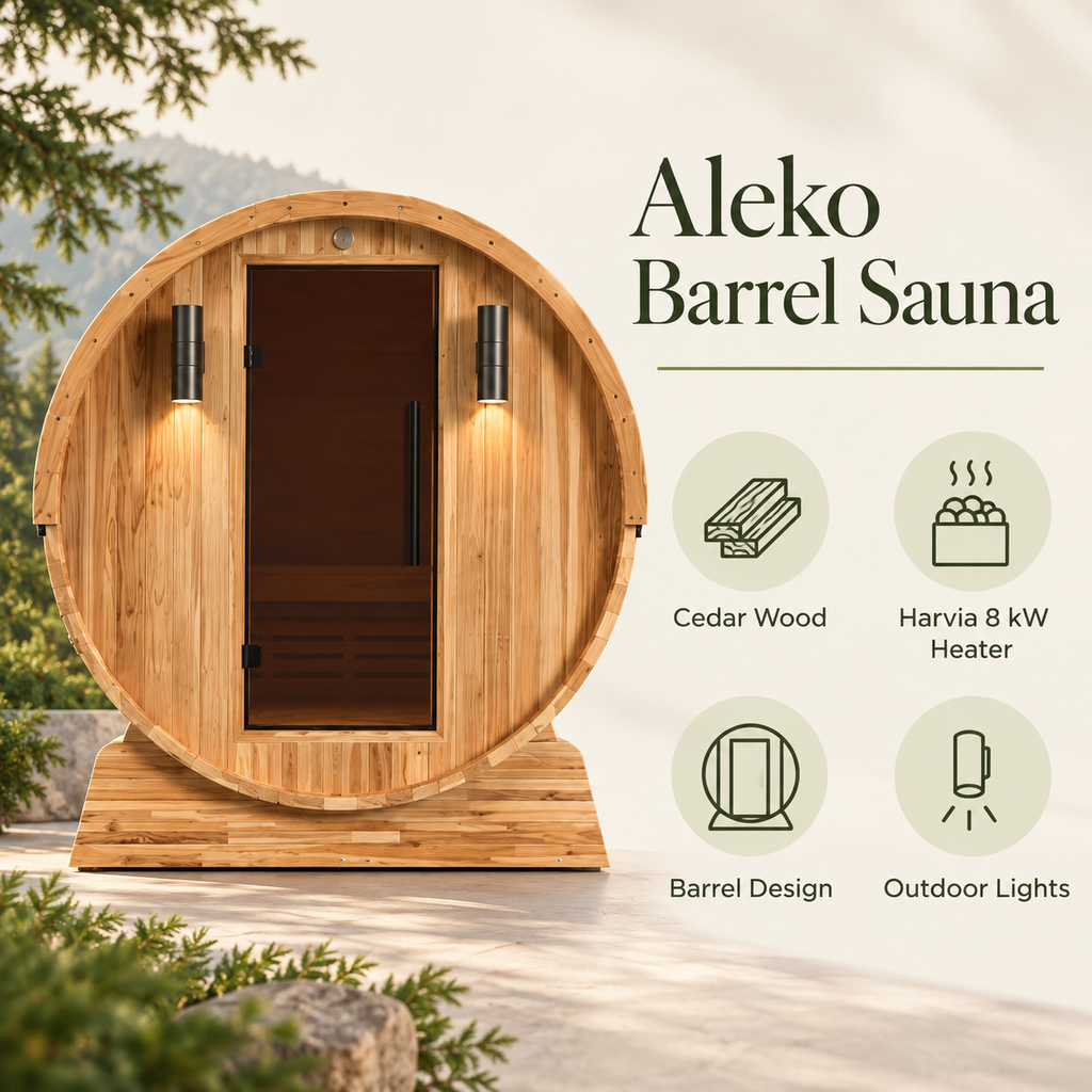 Aleko Liatris cedar barrel sauna with icons highlighting its cedar wood, Harvia 8 kW heater, barrel design, and outdoor lights.