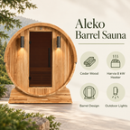 Aleko Liatris cedar barrel sauna with icons highlighting its cedar wood, Harvia 8 kW heater, barrel design, and outdoor lights.