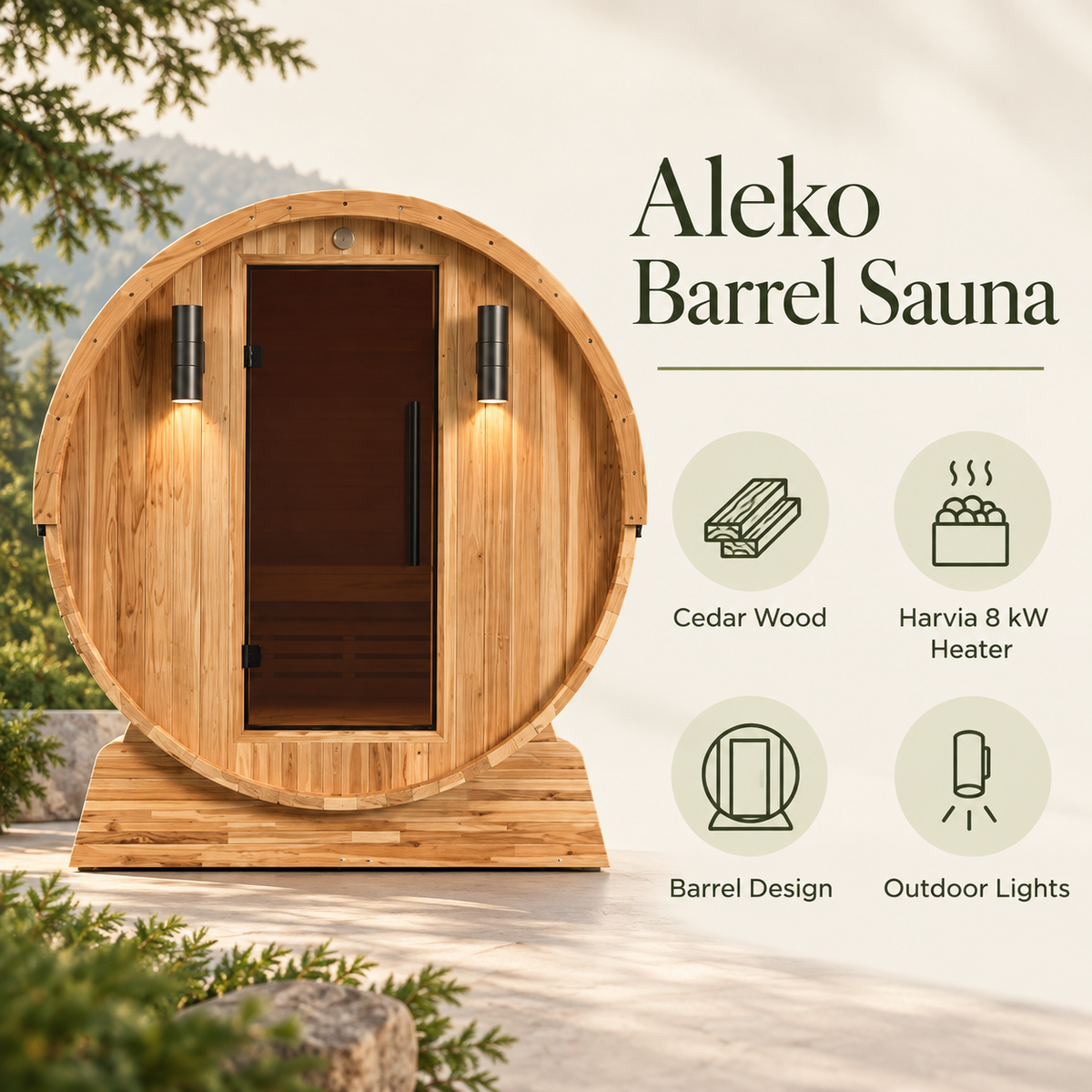 Aleko Liatris cedar barrel sauna with icons highlighting its cedar wood, Harvia 8 kW heater, barrel design, and outdoor lights.