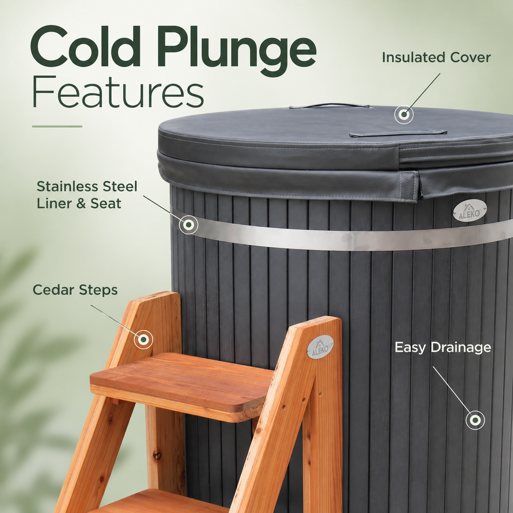 ALEKO Lumina cold plunge features showing insulated cover, stainless steel liner and seat, cedar steps, and easy drainage