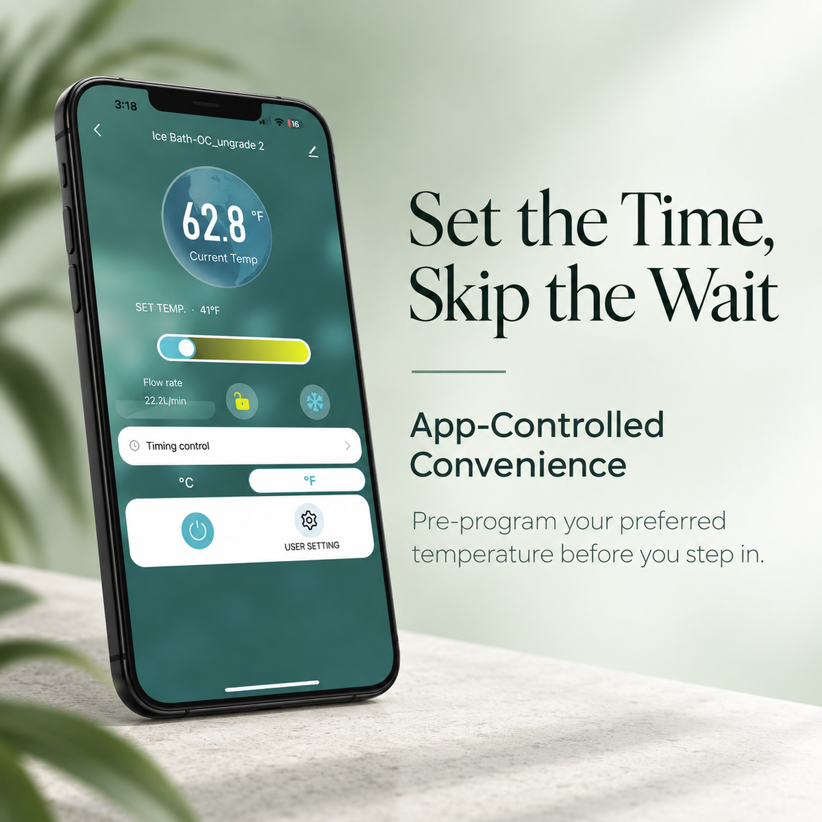ALEKO Lumina cold plunge app control showing smartphone temperature settings and programmable Wi-Fi control
