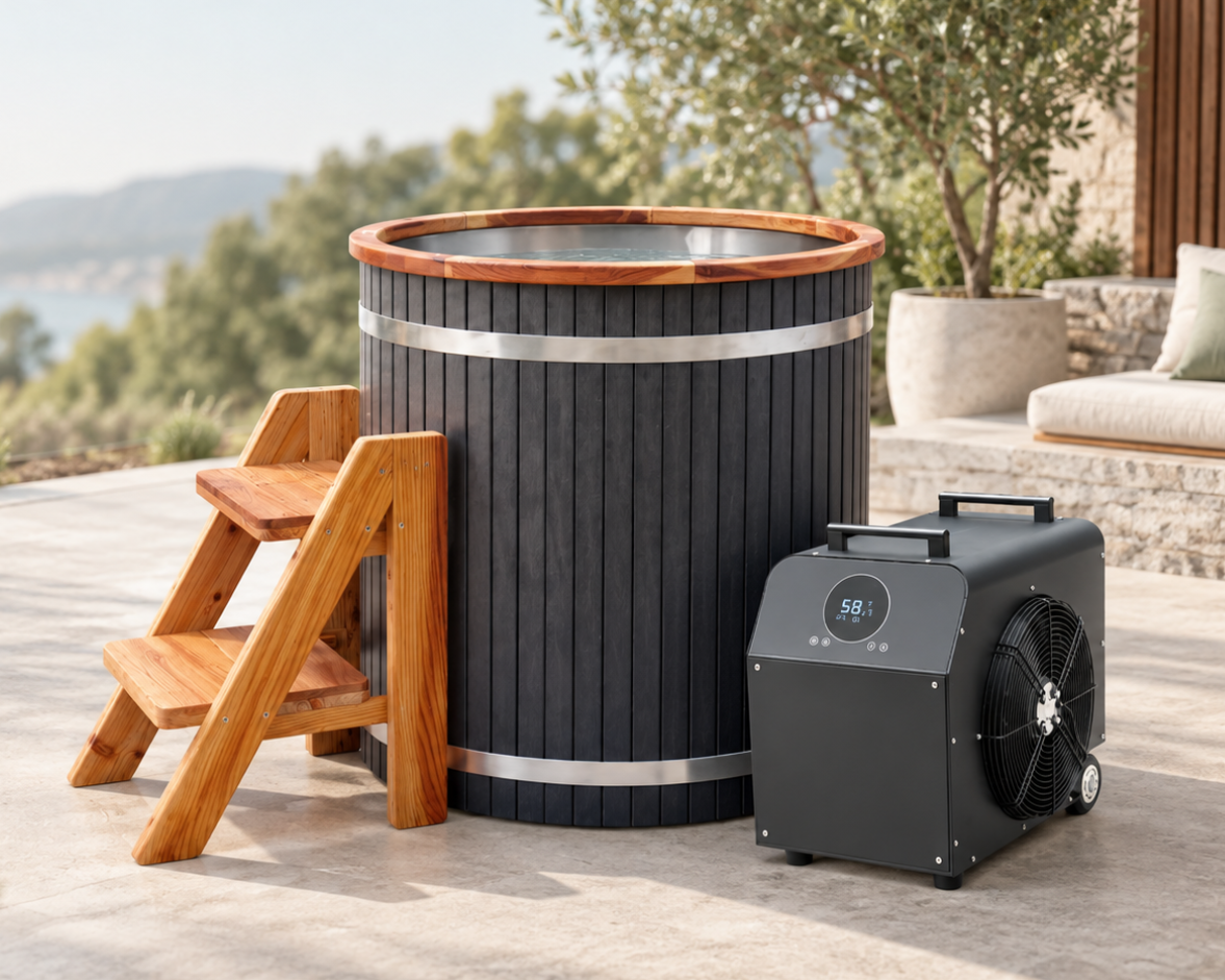 ALEKO Lumina vertical cold plunge with 1 HP chiller and heater on a modern outdoor patio